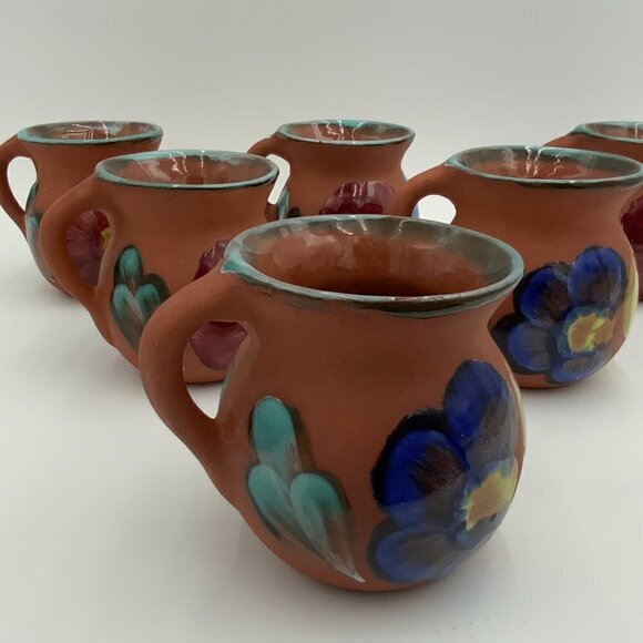 Set of 6 Mexican Clay Pottery Coffee Cup Chocolate Mug Hand Painted Flowers EUC - Picture 9 of 16